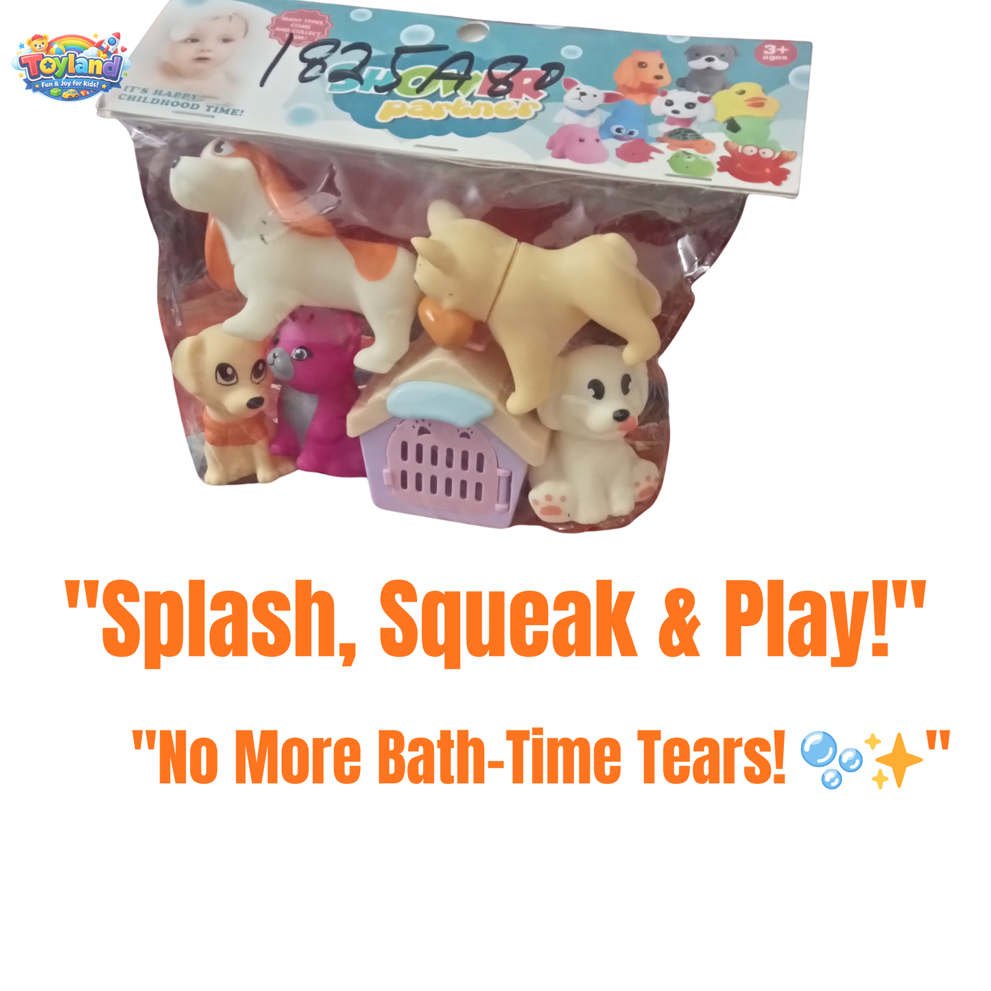 Shower Partner 5-Piece Animal Bath Toy Set with Pet House – Squeaky Rubber Dog & Cat Toys for Toddlers – Safe & Fun Water Play Set