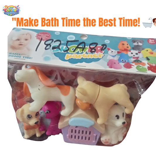 Shower Partner 5-Piece Animal Bath Toy Set with Pet House – Squeaky Rubber Dog & Cat Toys for Toddlers – Safe & Fun Water Play Set
