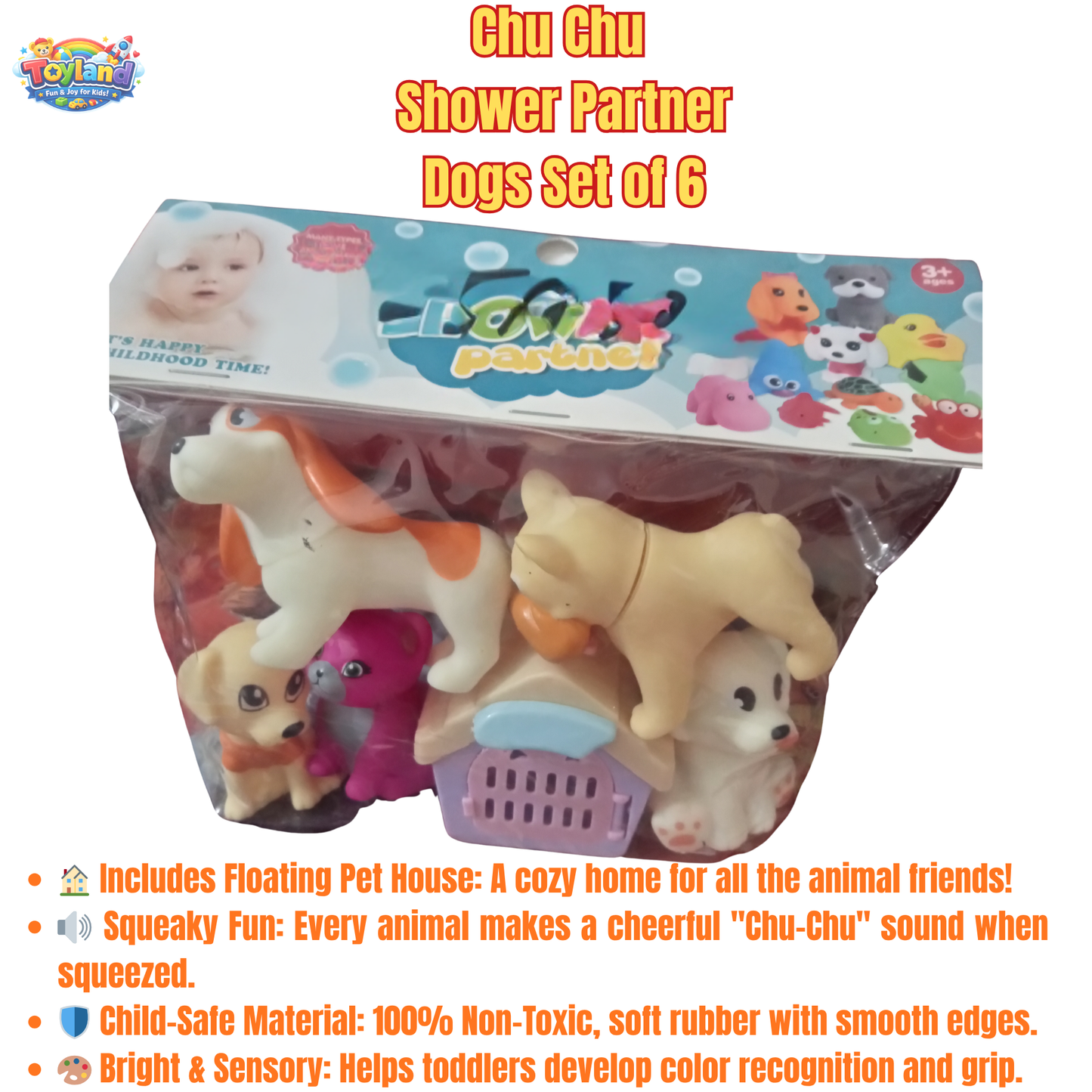 Shower Partner 5-Piece Animal Bath Toy Set with Pet House – Squeaky Rubber Dog & Cat Toys for Toddlers – Safe & Fun Water Play Set