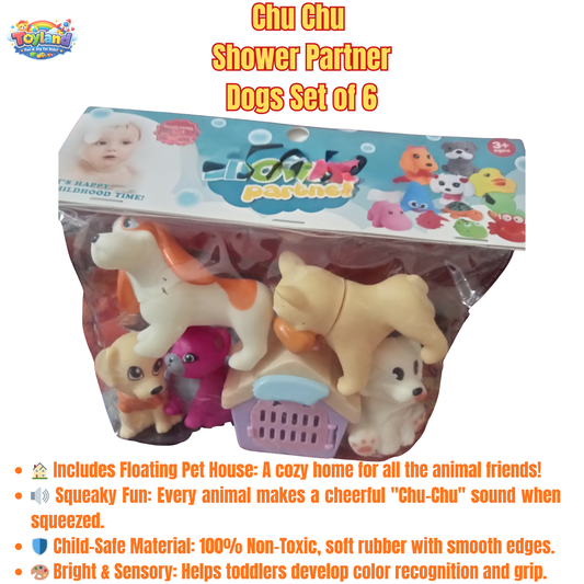 Shower Partner 5-Piece Animal Bath Toy Set with Pet House – Squeaky Rubber Dog & Cat Toys for Toddlers – Safe & Fun Water Play Set
