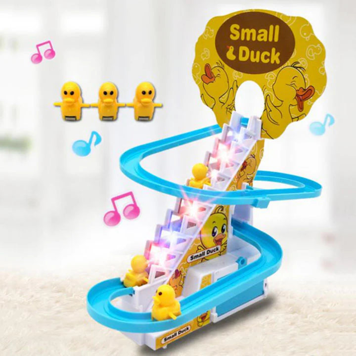Small Ducks Climbing Toys,Electric Duck Climbing Stairs Tracks Slide Toy Set,Duck Roller Coaster Toy with Flashing Lights & Music On/Off Button