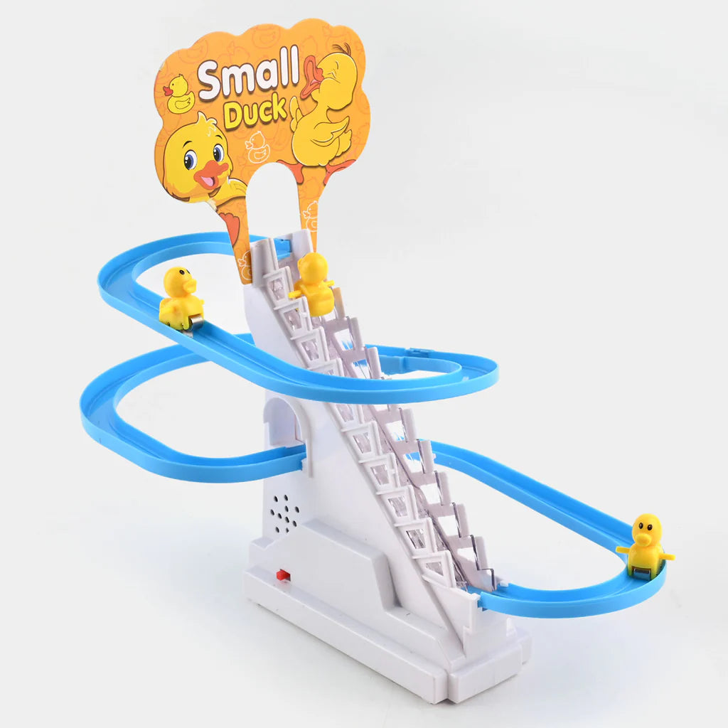 Small Ducks Climbing Toys,Electric Duck Climbing Stairs Tracks Slide Toy Set,Duck Roller Coaster Toy with Flashing Lights & Music On/Off Button