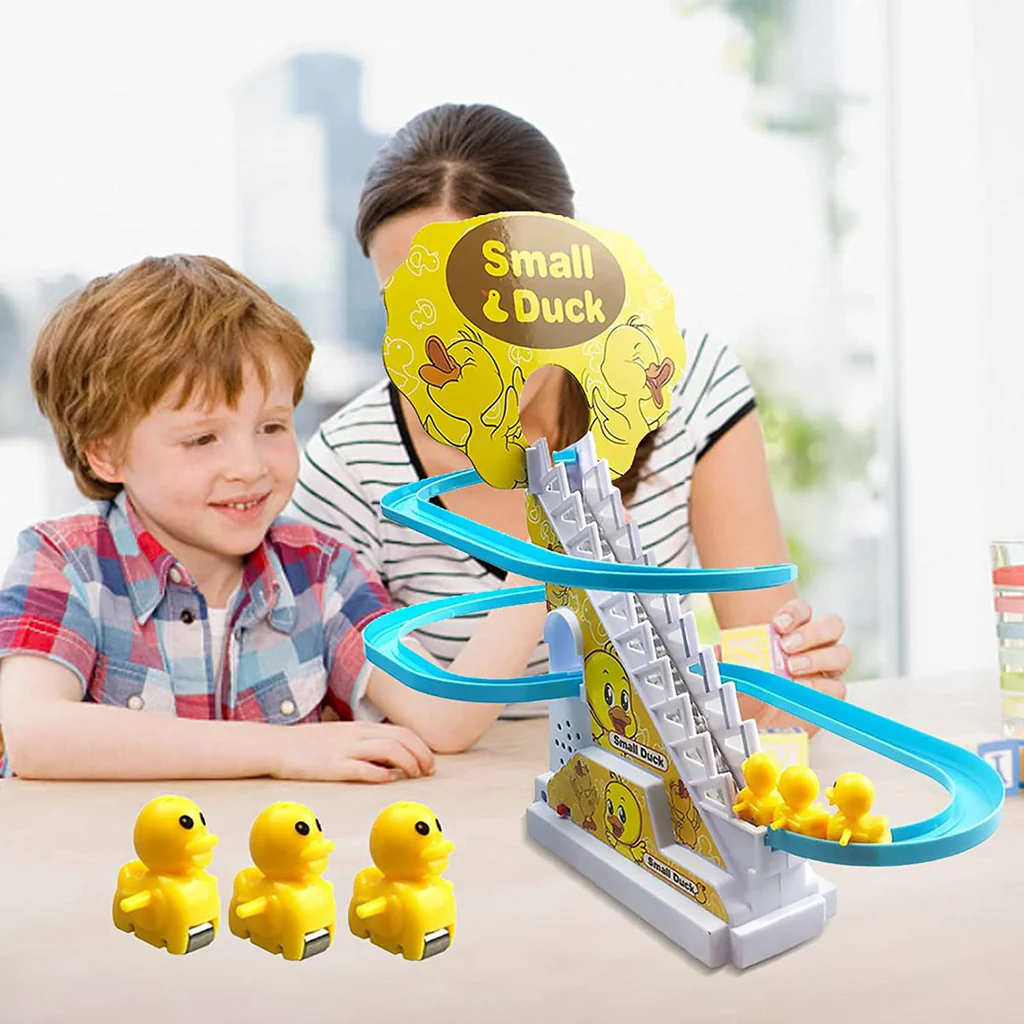 Small Ducks Climbing Toys,Electric Duck Climbing Stairs Tracks Slide Toy Set,Duck Roller Coaster Toy with Flashing Lights & Music On/Off Button