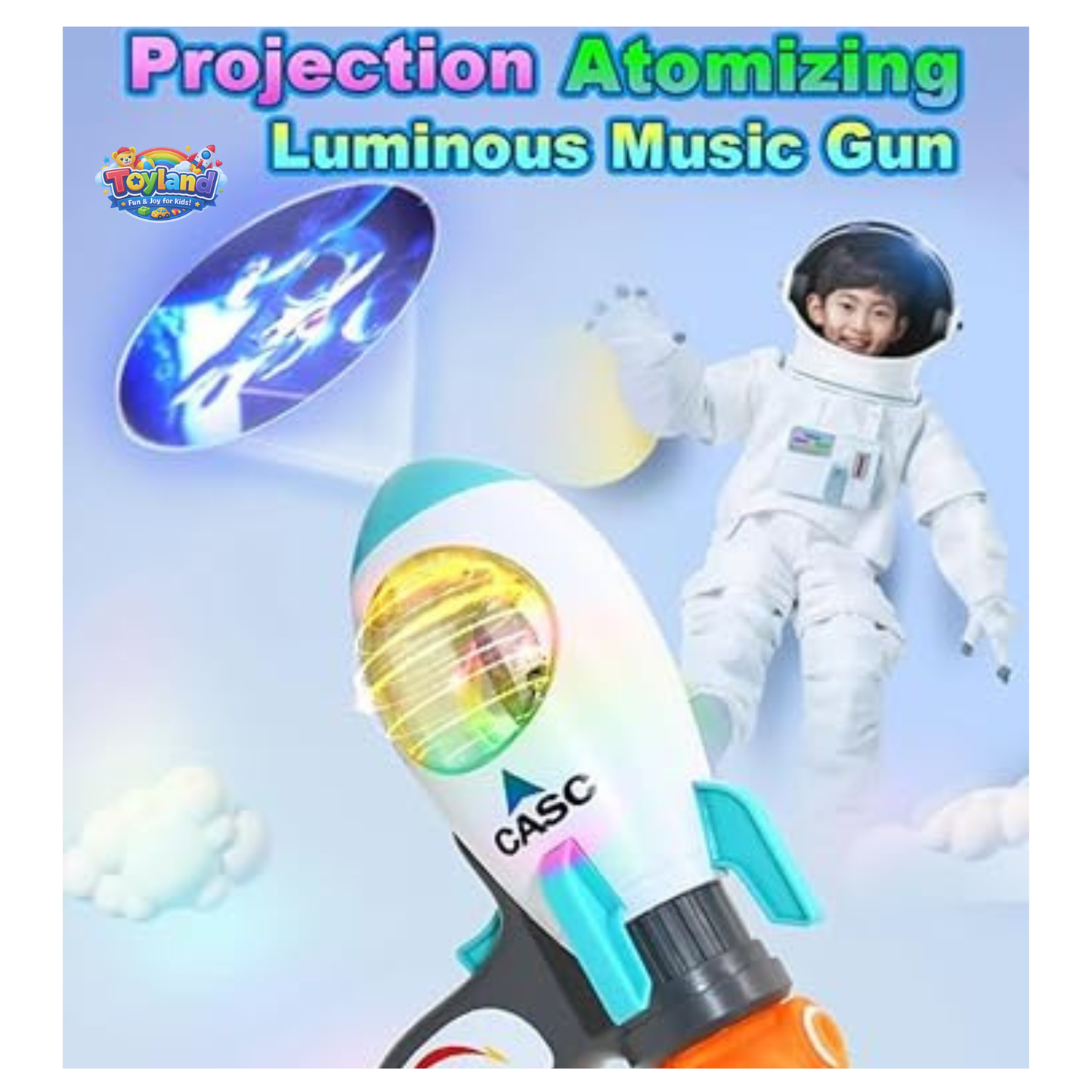 Space Rocket Projection Gun for Kids – Luminous Music Toy with Atomizing Mist Effect & Astronaut Projection